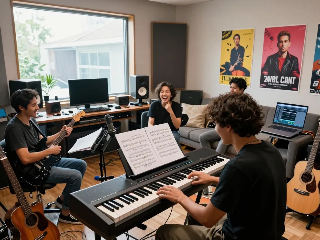 Group collaborating around the GO 88 digital piano showcasing music creativity.