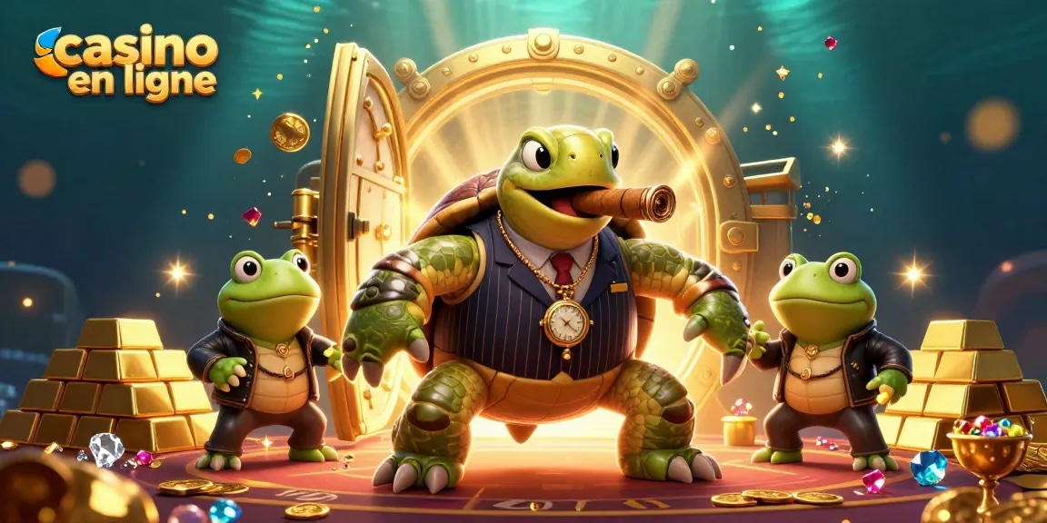 Le casino en ligne offre une scène attractive d'une tortue mafieuse entourée de joyaux.