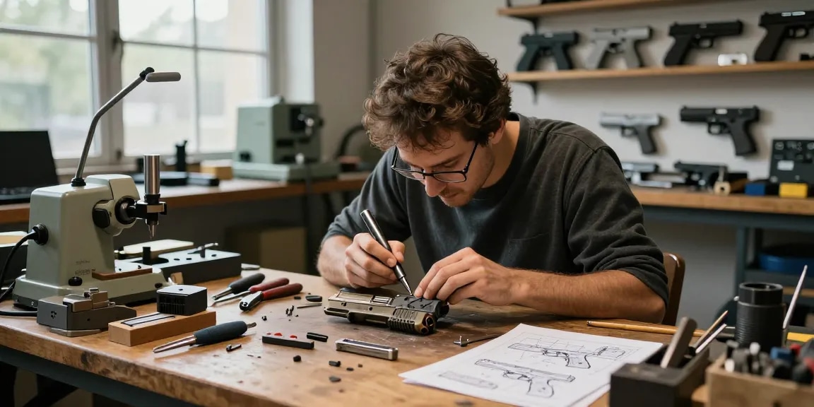 Skilled gunsmith at work on Glock slides at https://precisionglockslides.com, showcasing precision tools and designs in a vibrant workshop.