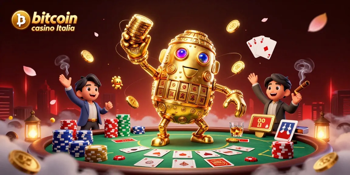 Gioca nei migliori bitcoin casino Italia con un'antica golem dorato tra fiches e carte da poker.