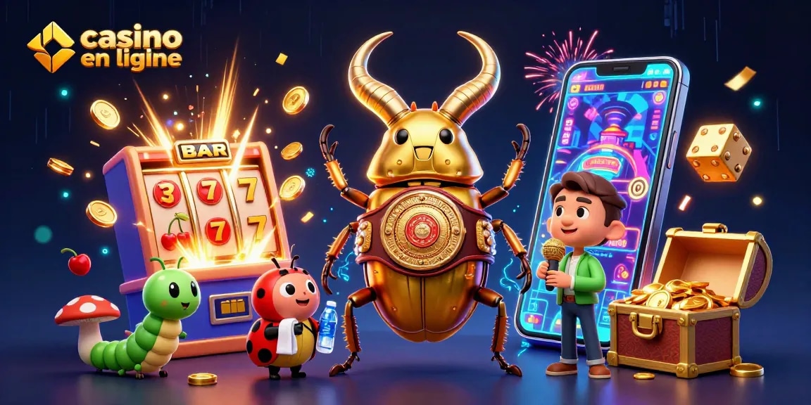 Jouer au casino en ligne avec un scarabée doré, un gérant et des machines à sous animées.