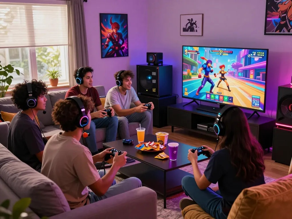 Friends enjoying a lively hentai game session in a colorful gaming room.