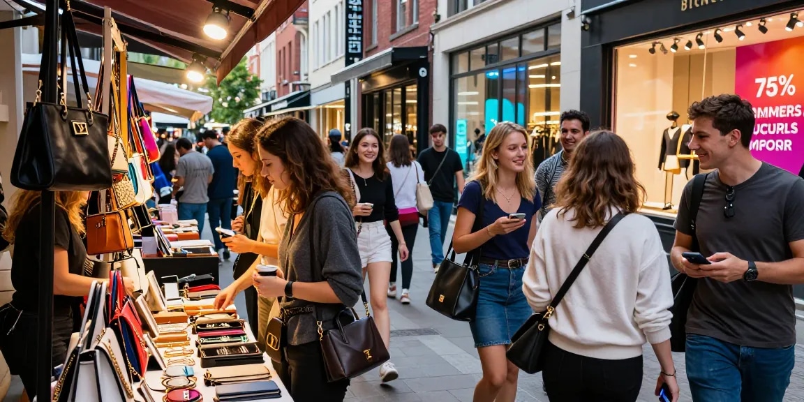 Shoppers exploring a vibrant 레플리카 쇼핑몰 with stylish replica products in an urban market setting.