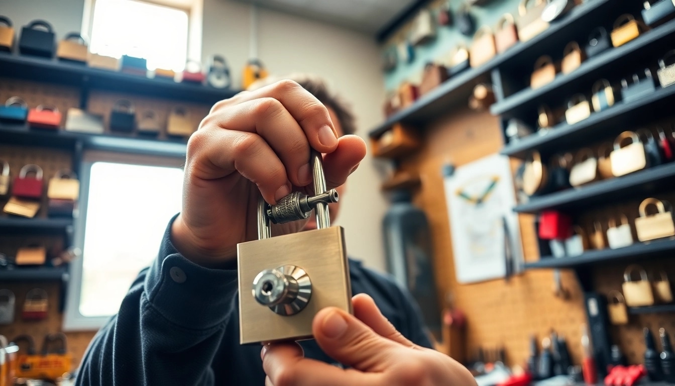 Locksta für präzises Arbeiten mit einem metallischen Schloss in einer gut beleuchteten Werkstatt.