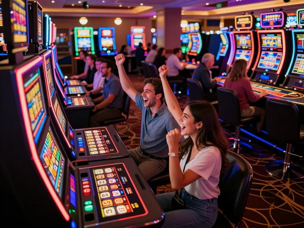 Excited players at F168 celebrate a slot win amid colorful casino lights and vibrant gameplay.
