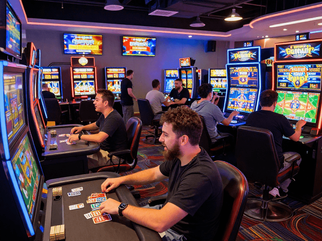 Exciting scene at a credit card casino showcasing players engaged in various games, from slots to live dealers, highlighting the vibrant gaming atmosphere.