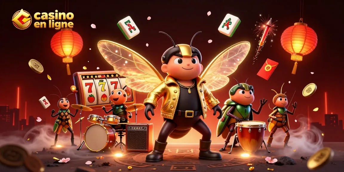 Casino en ligne : un rocker cigale avec des jackpots animés et des lanternes dorées.