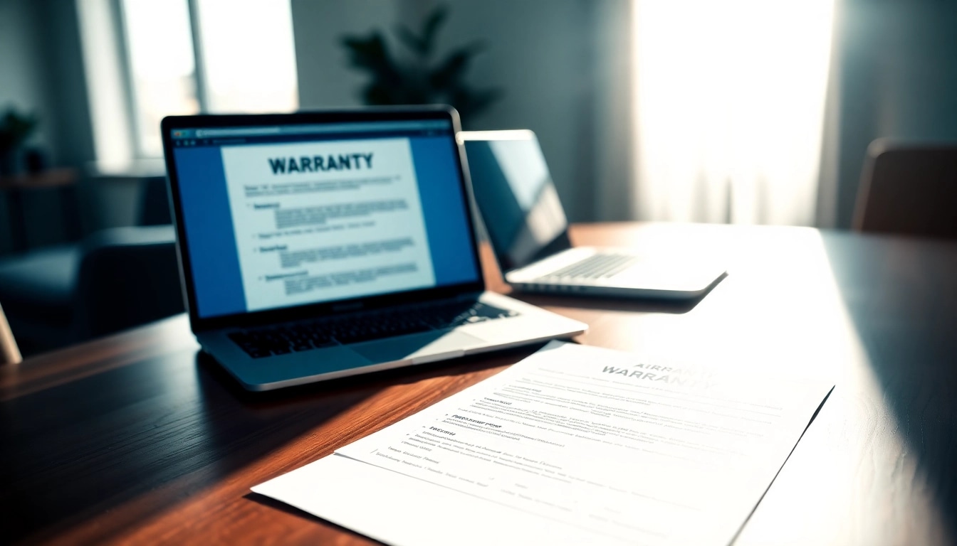 Showcase of transparent warranty coverage document and laptop on a polished desk.