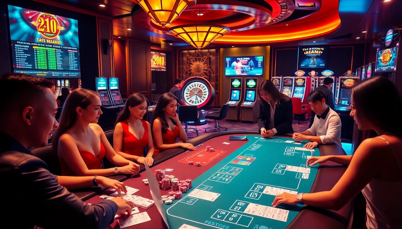 Engaging players at a gtatogel betting table in a luxurious casino setting.