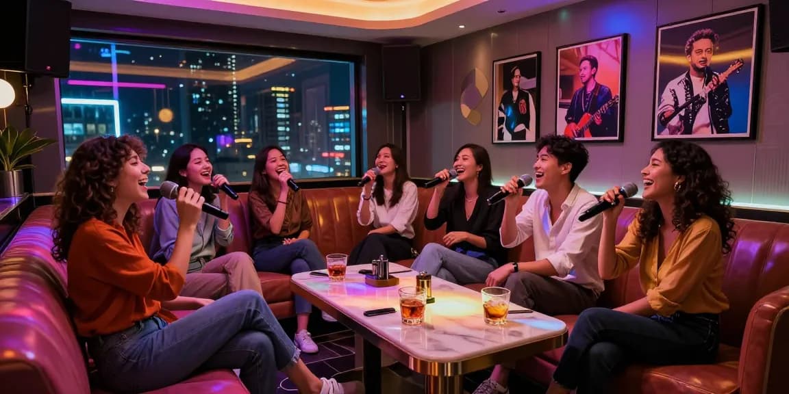 Enjoy a lively night out at https://www.gangnamtune.com/ in a vibrant karaoke bar filled with colorful lights and stylish decor.