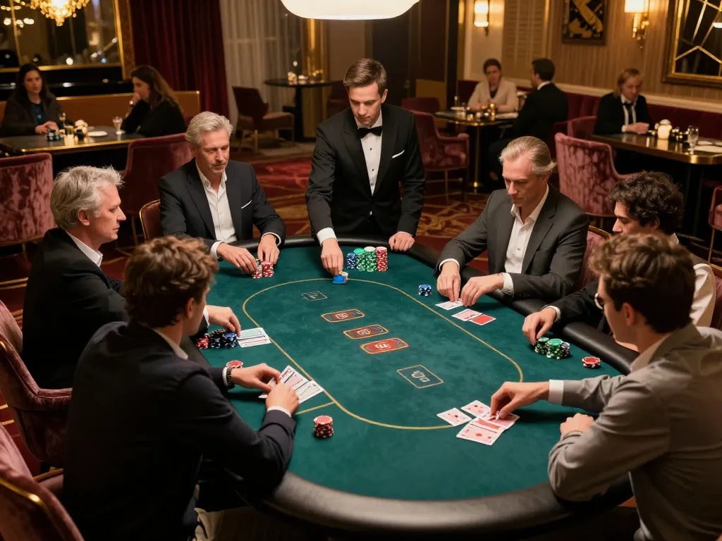 FAFA 828 players engaging in a thrilling poker game within a luxurious casino ambiance.