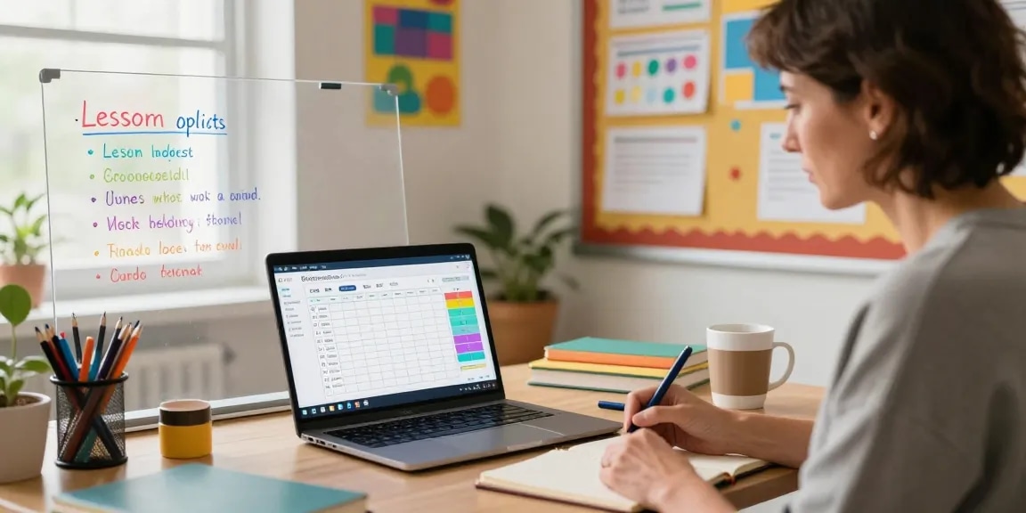 Teacher using EMStudio's online teacher planner in a colorful classroom setting, lesson plans displayed on laptop.
