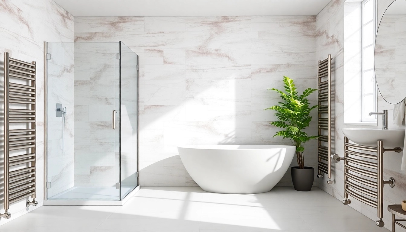 Erleben Sie sonni sanitär GmbH mit eleganten Dusche und Heizkörper für modernes Badezimmer.