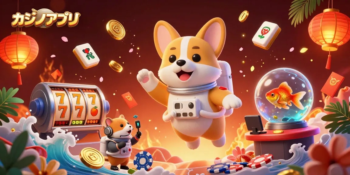 カジノアプリでのスロットゲームを楽しむ宇宙のコーギーと仲間たちの賑やかなシーン。