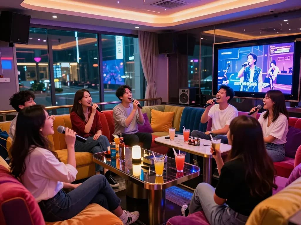 Group enjoying karaoke at https://www.gangnamtune.com/ with vibrant decor and cocktails in a luxurious setting.