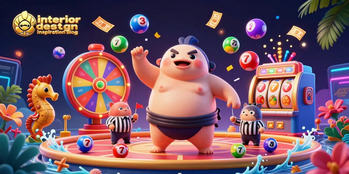 Engage with the interior design inspiration blog through a vibrant casino-themed underwater scene featuring a fugu character and dynamic game elements.