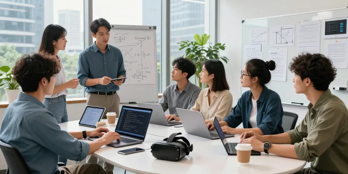 AI Product Engineering services collaboration scene with diverse engineers brainstorming in a modern office environment.