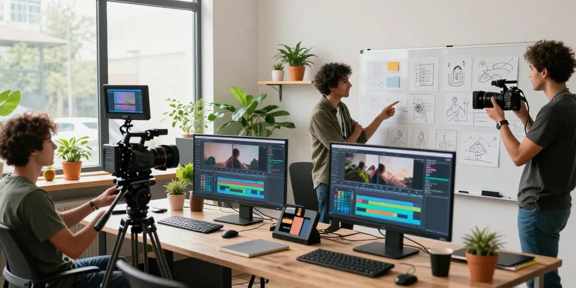 Collaborative atmosphere at Dreambox Studio Sg showcasing a video production team strategizing a marketing campaign.