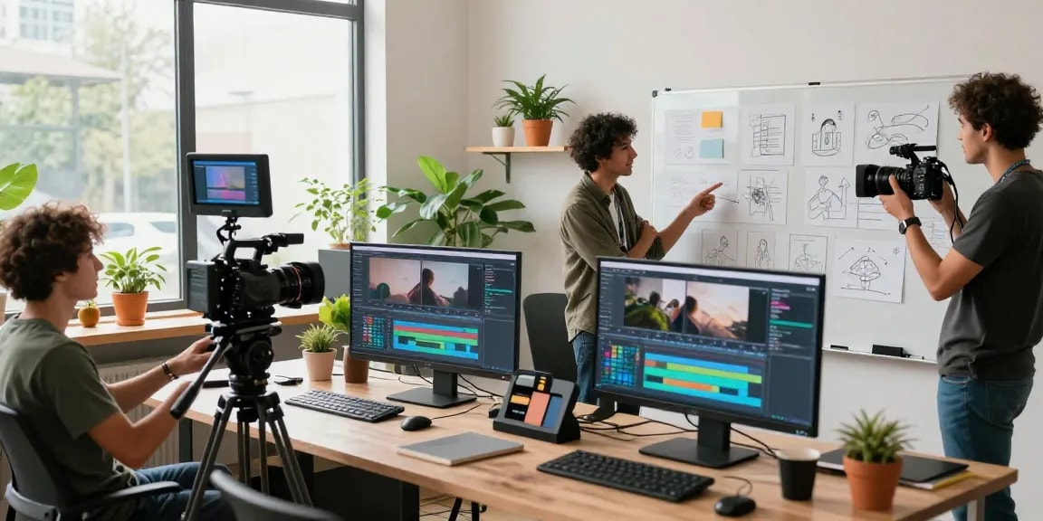 Collaborative atmosphere at Dreambox Studio Sg showcasing a video production team strategizing a marketing campaign.