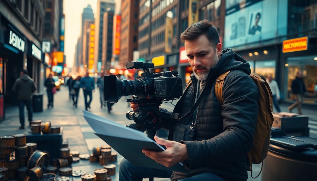 Film Maker capturing cinematic moments in an urban setting with vintage film reels.