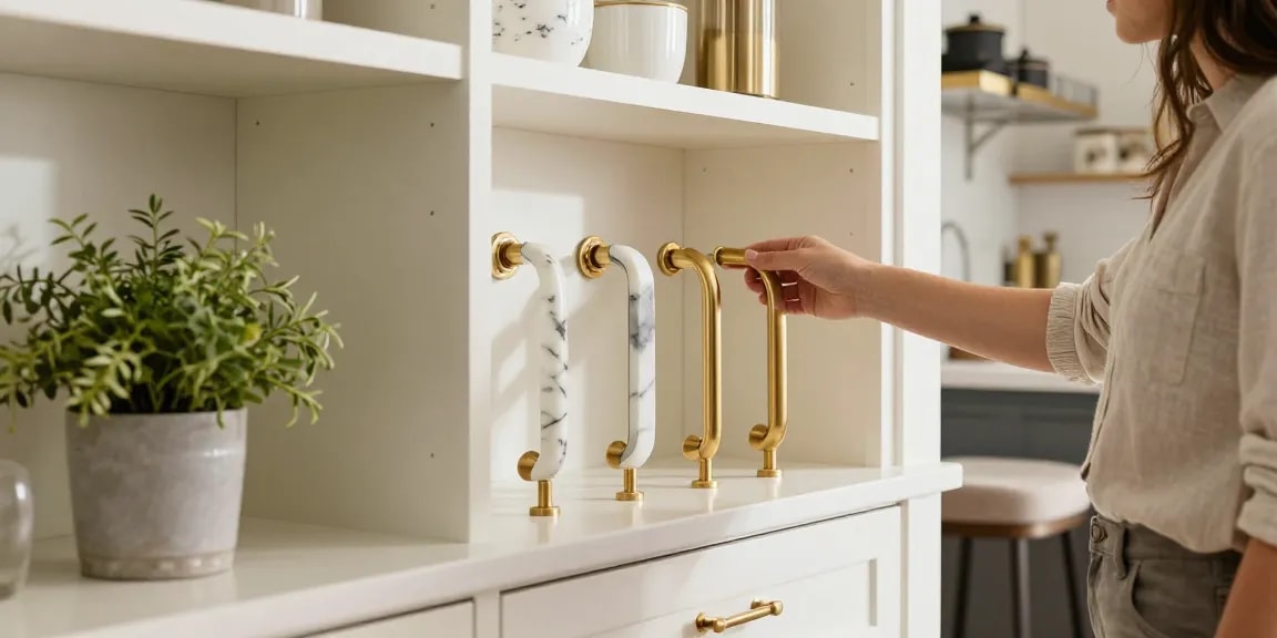 Luxury handles showcased in a contemporary kitchen design, emphasizing elegance and functionality.