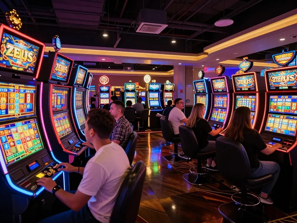 Pemain menikmati mesin slot zeus yang berwarna-warni dalam suasana kasino yang mendebarkan.