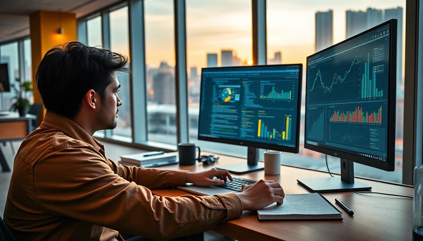 Software engineering workspace with coding on dual monitors and city view