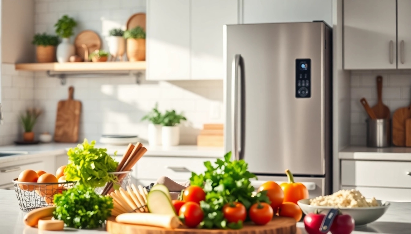 Showcase an affordable appliance in a modern kitchen, highlighting features and vibrant food items.