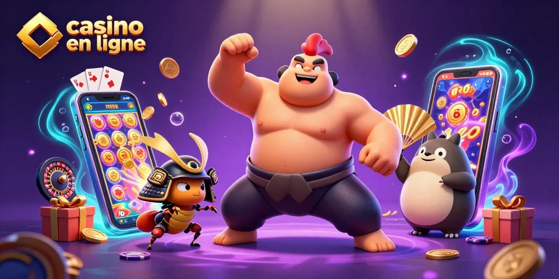 Casino en ligne : bataille entre un coq sumo et un criquet samouraï sur un fond magique