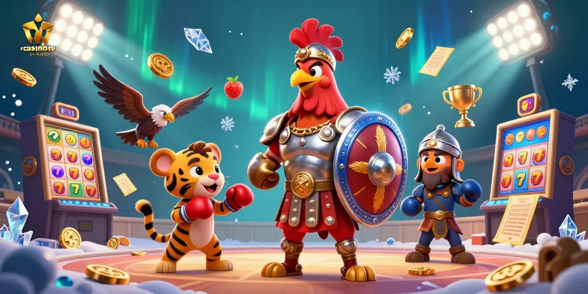 Jouez à casino en ligne avec un coq gladiateur et des éléments de jackpot colorés, dans un décor captivant.