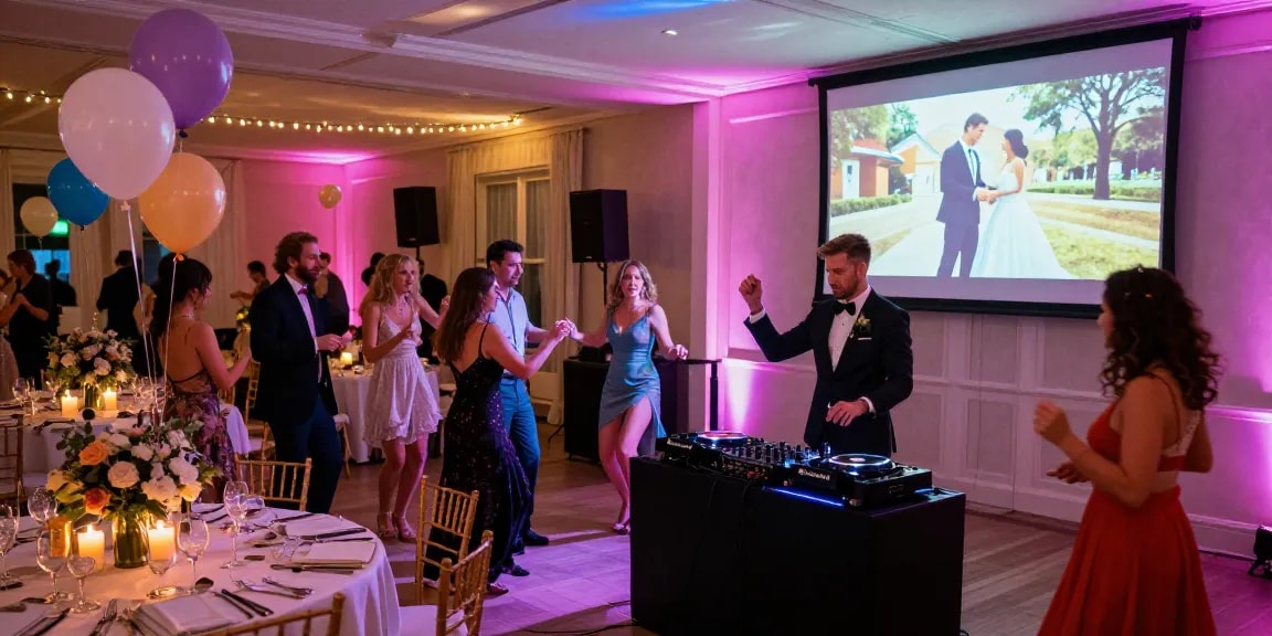 DJ für Hochzeit Berlin mit fröhlichen Gästen auf der Tanzfläche in festlich dekorierter Halle.