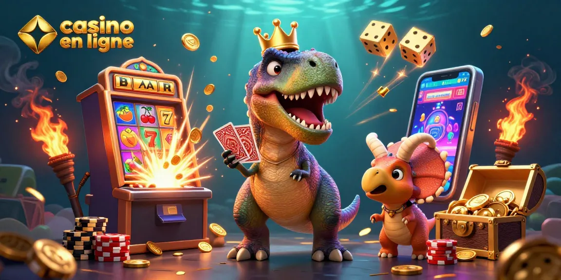 Un T-Rex amusant jouant aux cartes lors d'un casino en ligne entouré de jetons, machines à sous et plus.