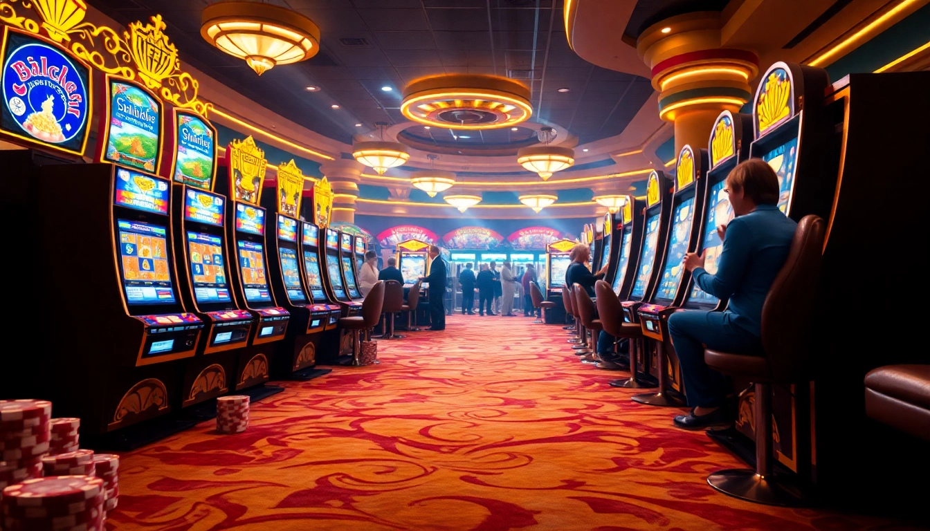 Select vibrant slot pragmatic play machines filled with exciting games and poker chips on a casino floor.