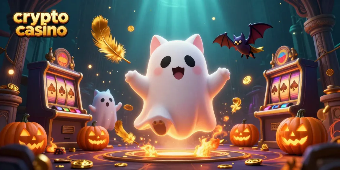 Jouez au casino crypto avec un chat fantôme et des éléments lumineux dans un décor de casino hanté.