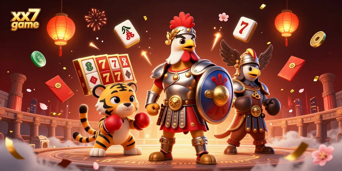 Engage in the thrilling world of the xx7 game with the gladiator rooster amidst vibrant casino elements.