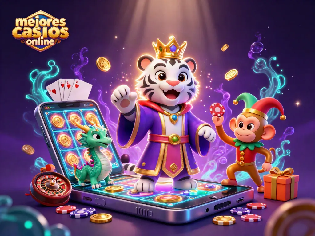 Disfruta de los mejores casinos online con coloridos juegos y premios en una escena vibrante.