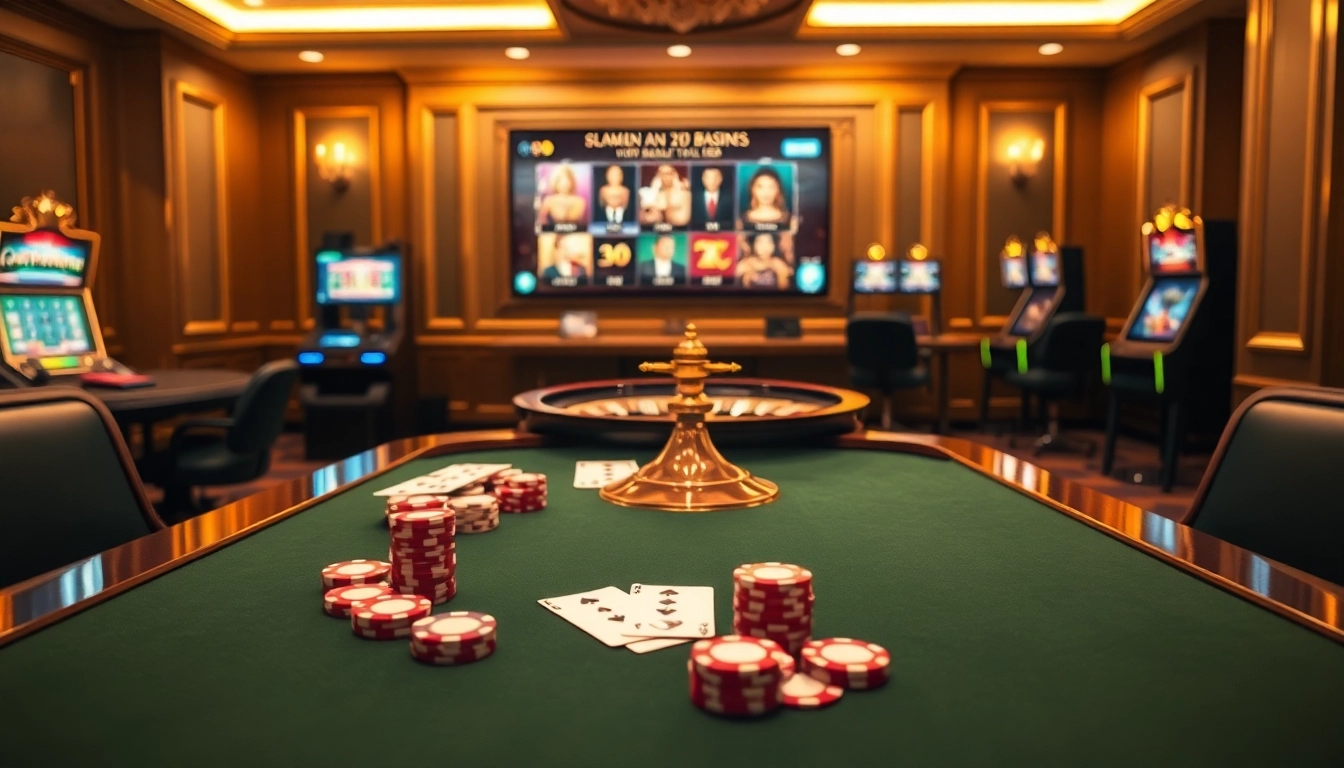 Scène de poker engageante représentant le casino en ligne Français avec des jetons, des cartes et une roue de roulette vibrants.
