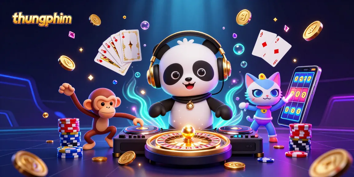 Experience high energy at thungphim with a vibrant 3D casino scene featuring a DJ panda and rich gaming elements.