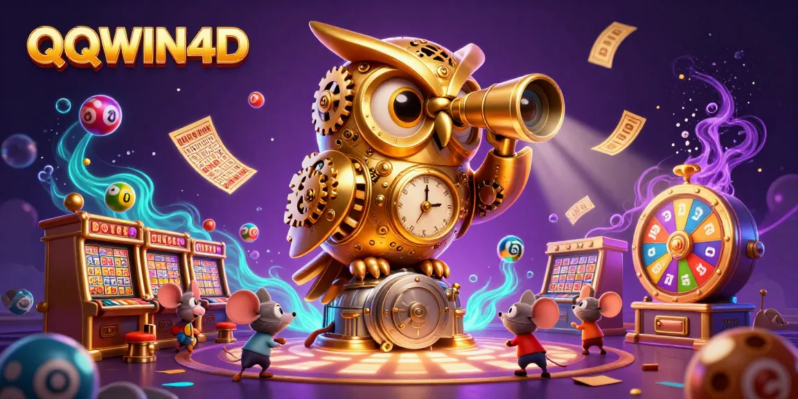QQWIN4D memikat dengan suasana kasino yang hidup, menampilkan burung hantu emas dan simbol keberuntungan.