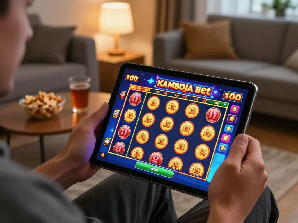 Engaging in slot kamboja bet 100 on a tablet in a cozy living room