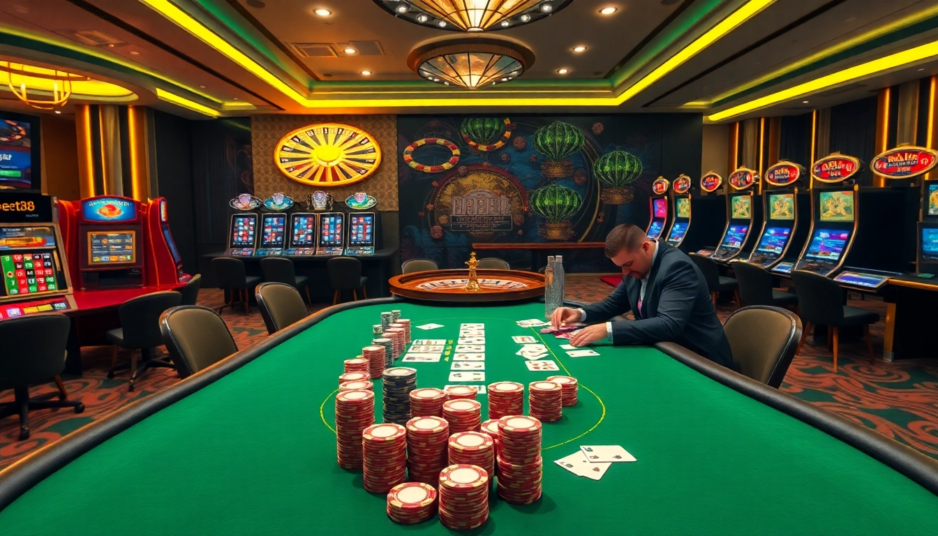 Tobet88 players strategizing at a poker table in a luxurious casino setting.