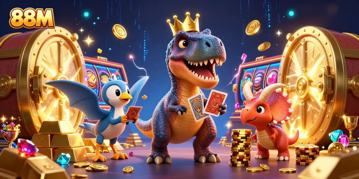 Join the action at 88M as the T-Rex shuffles cards and the triceratops stacks casino chips!