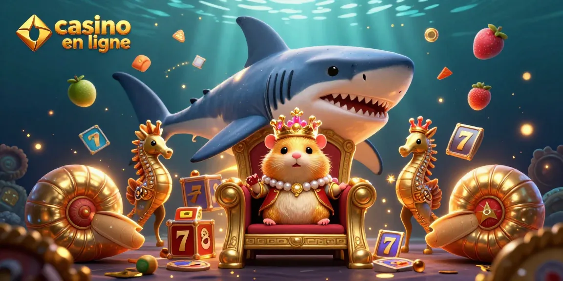 Illustration dynamique avec un roi hamster doré et des éléments de casino en ligne, incluant des machines à sous.
