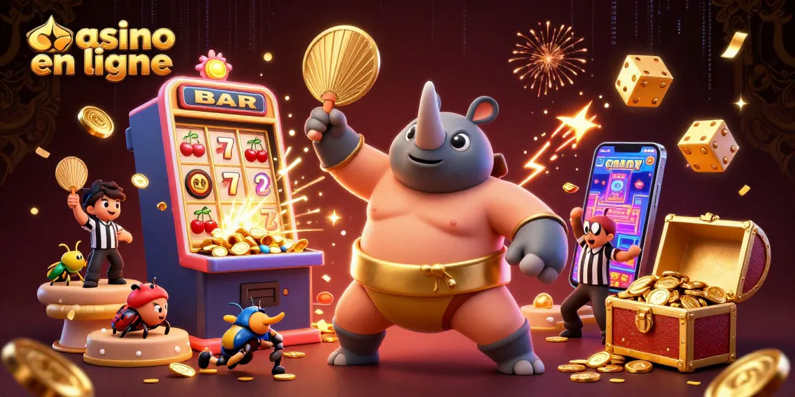 Casino en ligne : Un combat palpitant entre un scarabée rhinocéros sumo et un cricket arbitre dans un décor féerique.