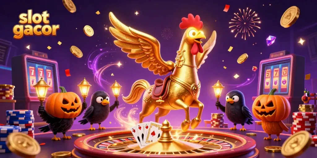 Menggoda pemain dengan slot gacor dalam ilustrasi 3D slot seru yang penuh koin emas dan lampion.