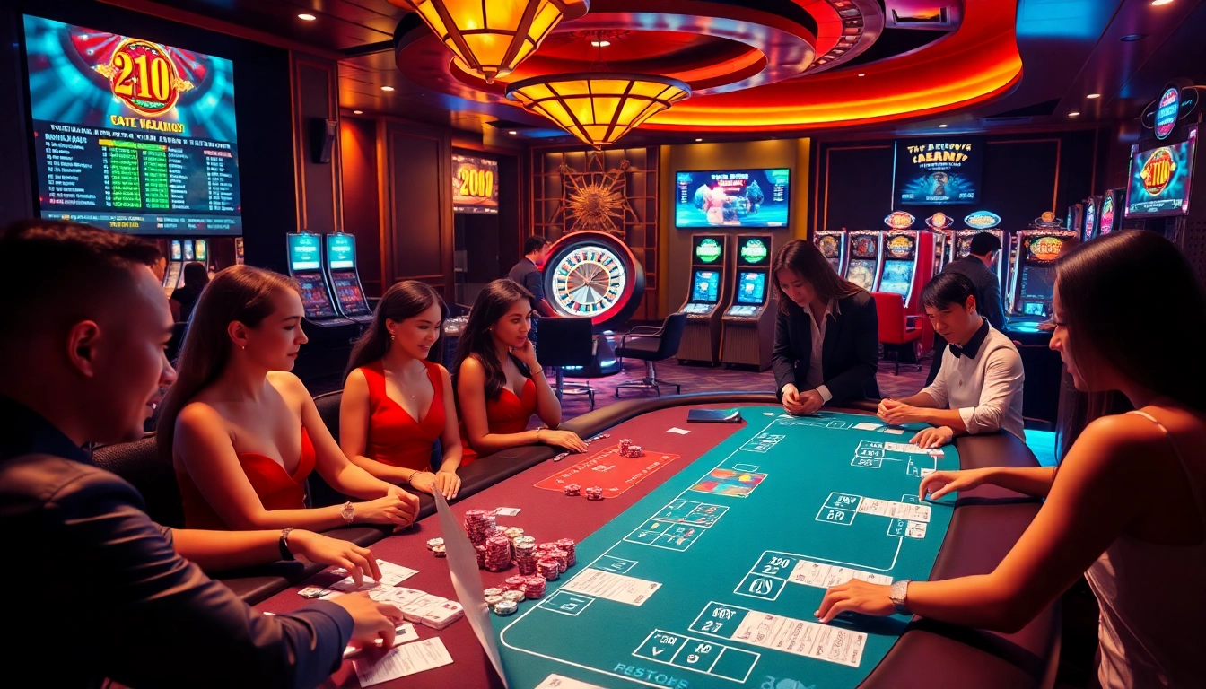 Engaging players at a gtatogel betting table in a luxurious casino setting.