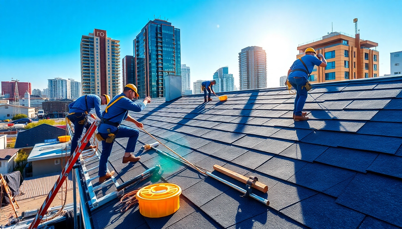 Providing professional roofing services with a skilled team in a vibrant urban setting.