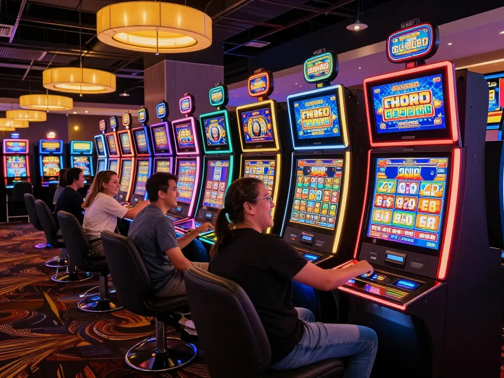 Players celebrating wins while playing colorful slot machines in a lively casino atmosphere.