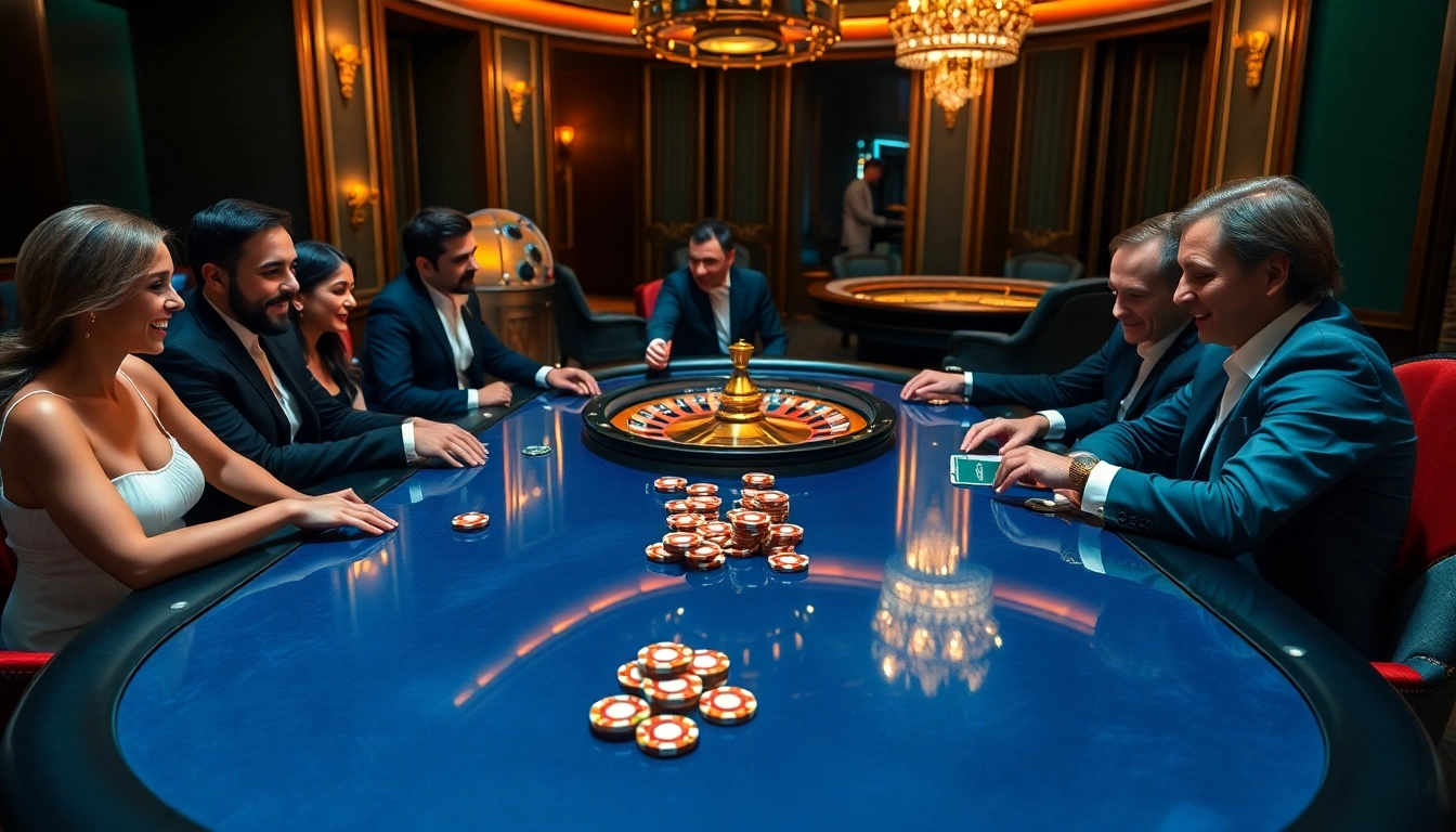Des joueurs en train de stratégiquer à une table de poker dans un casino en ligne argent réel France haut de gamme, mettant en avant le frisson du jeu.
