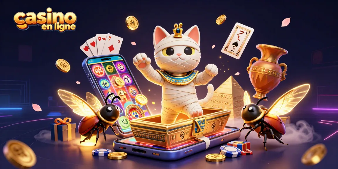 Plongez dans l'univers du casino en ligne avec un chat momie égyptien et des éléments de jeu captivants.